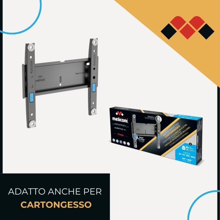 Support mural TV fixe Meliconi Slimstyle Plus 200S - 26 à 45'' VESA, 30kg, sécurité Fast Block