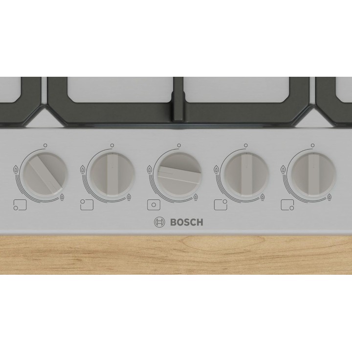 Plaque de cuisson gaz Bosch 5 feux - Brûleur wok, grilles fonte, inox 75 cm
