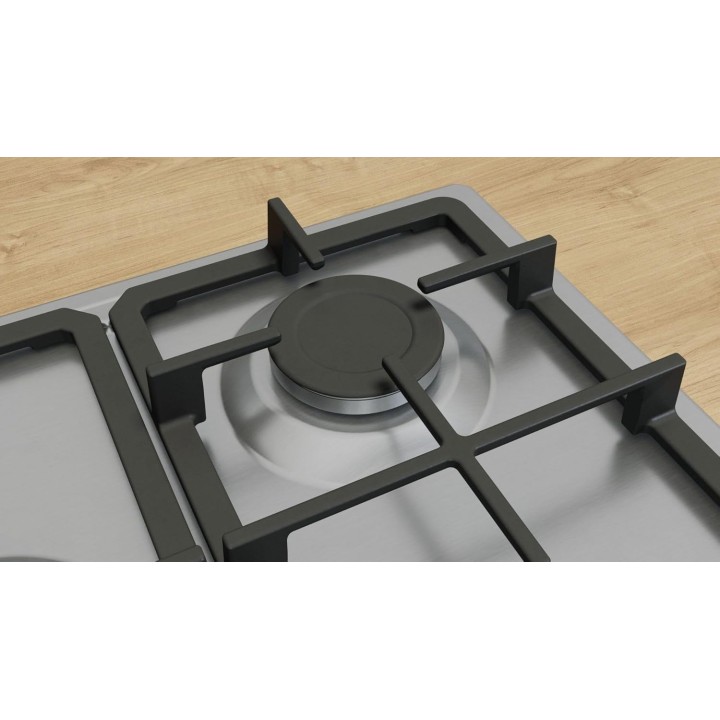 Plaque de cuisson gaz Bosch 5 feux - Brûleur wok, grilles fonte, inox 75 cm