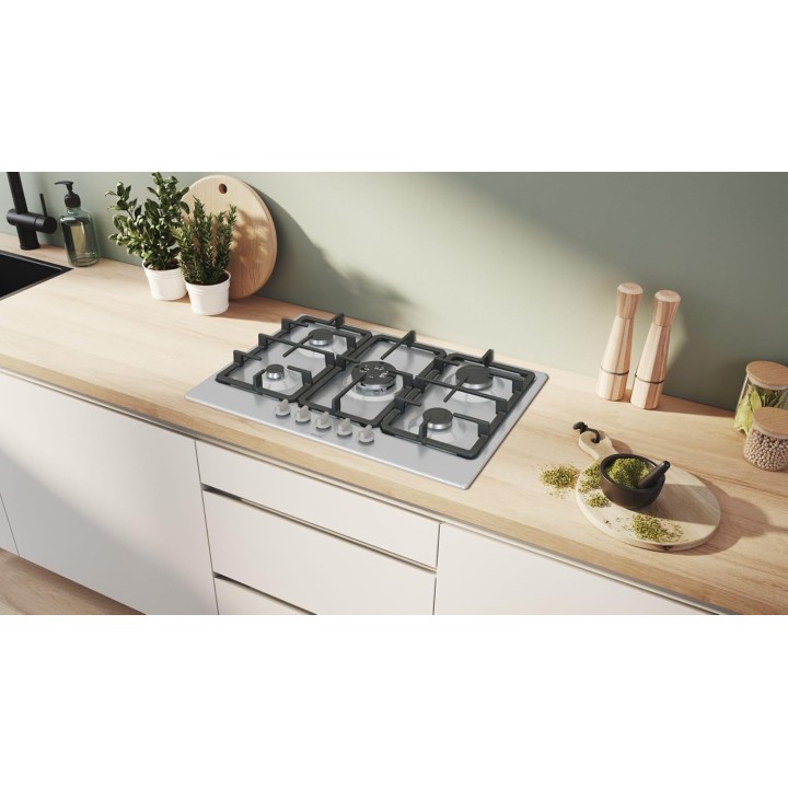 Plaque de cuisson gaz Bosch 5 feux - Brûleur wok, grilles fonte, inox 75 cm