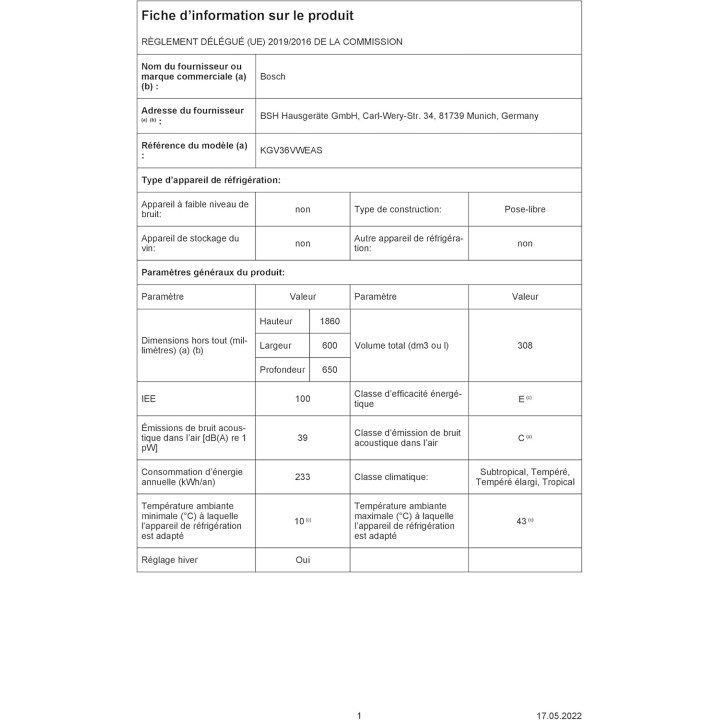 Réfrigérateur combiné Bosch Série 4 - LowFrost 308L - Blanc - H186xL60cm
