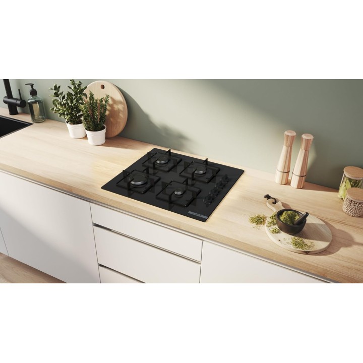 Plaque de cuisson gaz Bosch 4 feux - Verre trempé noir - Série 2 - 60 cm