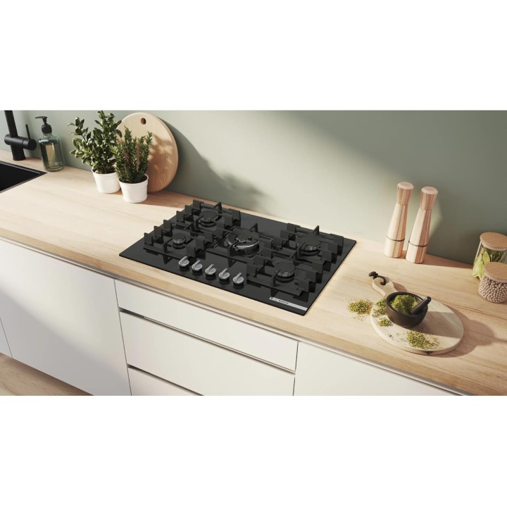 Plaque de cuisson gaz 5 feux Bosch Série 6 - Verre trempé noir 80 cm