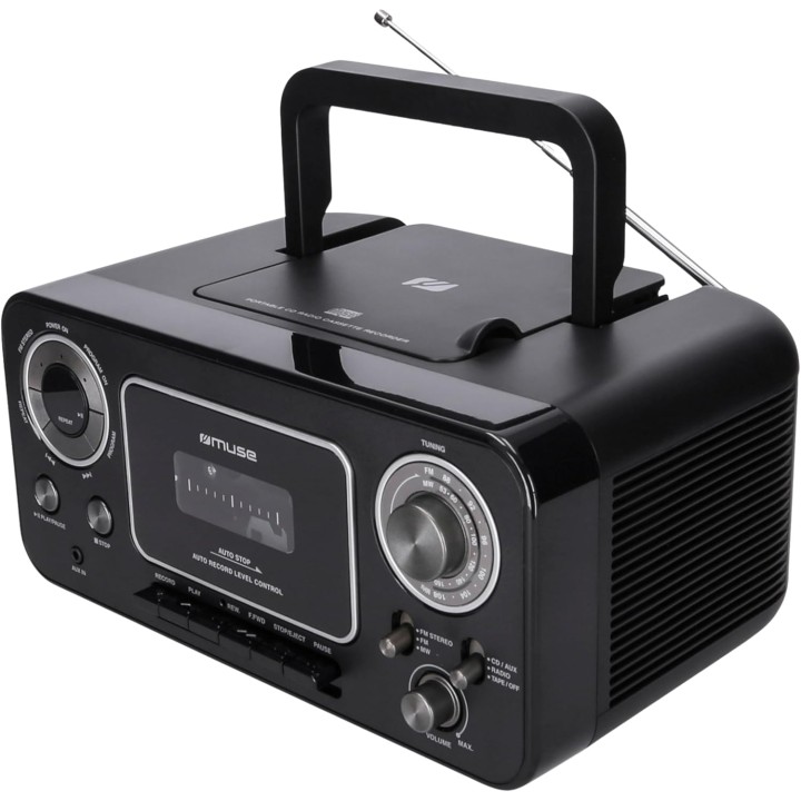 Radio CD cassette portable Muse - Lecteur/enregistreur, FM, entrée auxiliaire, noir