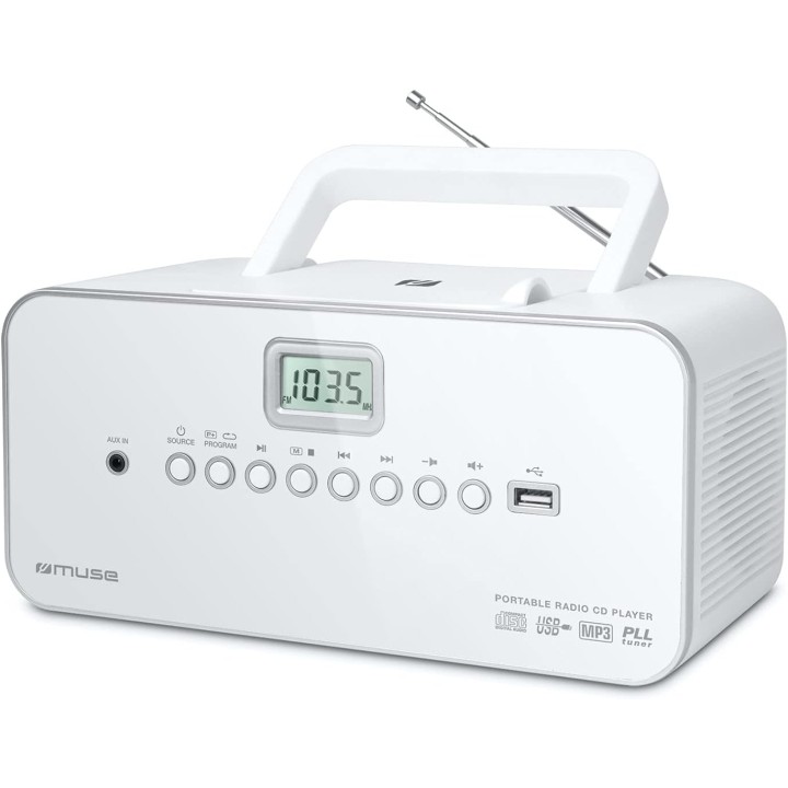 Radio analogique portable Muse blanc - AM/FM, antenne télescopique, haut-parleur intégré