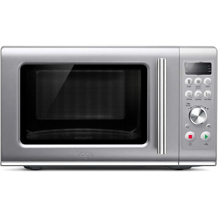 Micro-ondes compact Sage Soft Close 25L - Fonctionnement silencieux, sécurité enfant, argent