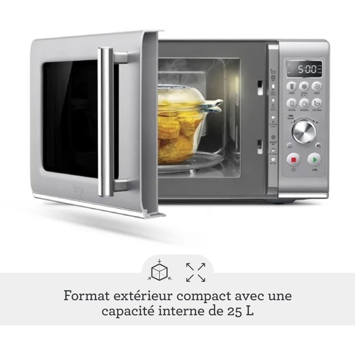Micro-ondes compact Sage Soft Close 25L - Fonctionnement silencieux, sécurité enfant, argent