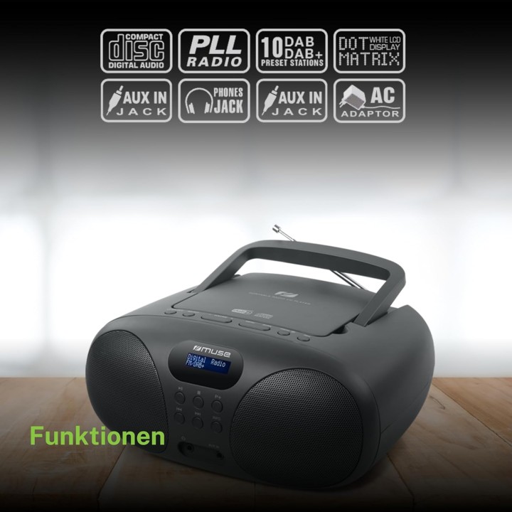 Radio CD portable Muse - DAB+, USB, stéréo, 20 stations préréglées, gris foncé