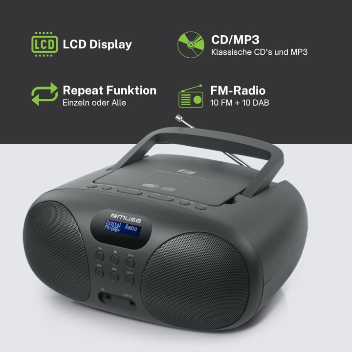 Radio CD portable Muse - DAB+, USB, stéréo, 20 stations préréglées, gris foncé