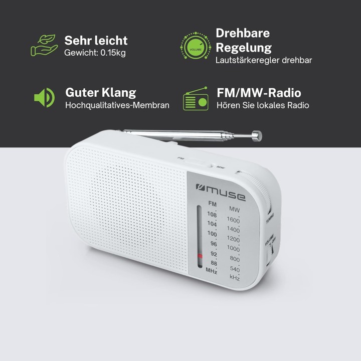 Radio analogique portable Muse blanc - AM/FM, antenne télescopique, haut-parleur intégré