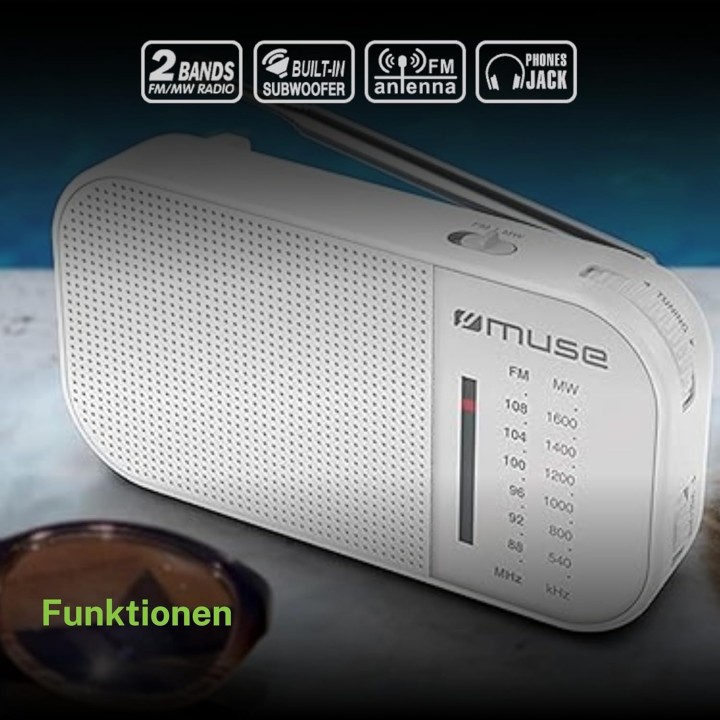Radio analogique portable Muse blanc - AM/FM, antenne télescopique, haut-parleur intégré