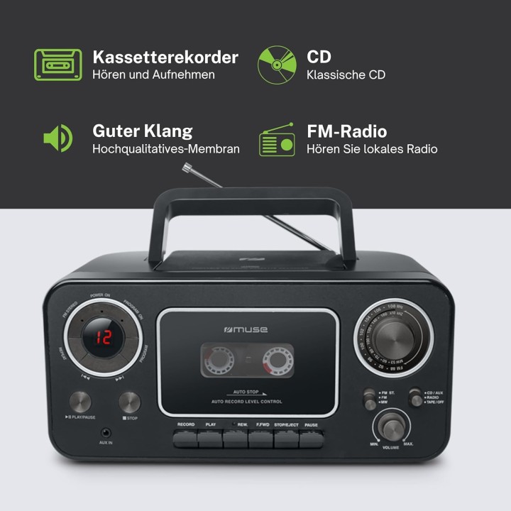 Radio CD cassette portable Muse - Lecteur/enregistreur, FM, entrée auxiliaire, noir