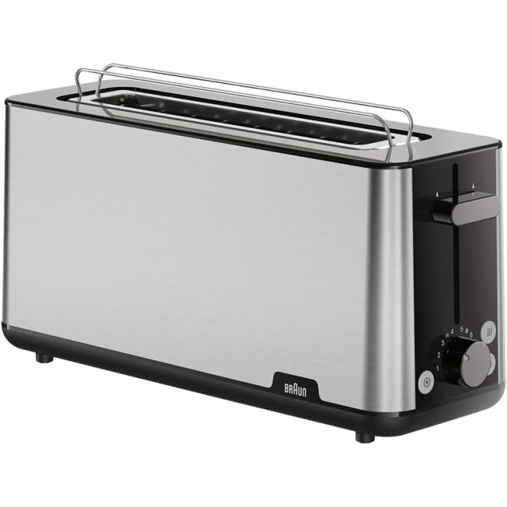 Grille-pain Braun HT 1610 BK - Fente longue 25 cm, 8 niveaux, réchauffage, inox