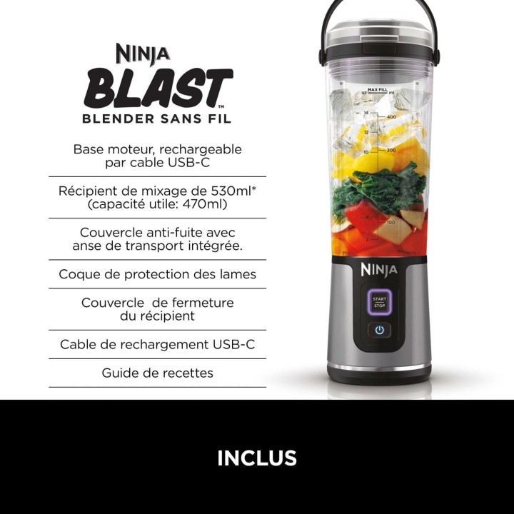 Blender portable Ninja sans fil puissant 530 ml - rechargeable USB-C - noir