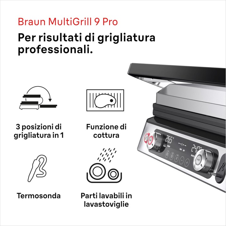 Gril électrique Braun MultiGrill 9 Pro - 2 thermostats, 3 positions, thermosonde, 2200W