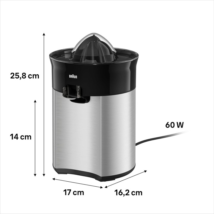 Presse-agrumes électrique Braun 60 W - Bec XL, moteur silencieux, acier inoxydable