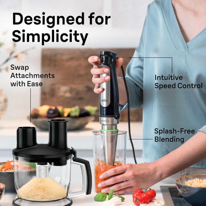 Mixeur plongeant 4-en-1 Braun 500W acier inoxydable avec robot, fouet et presse-purée