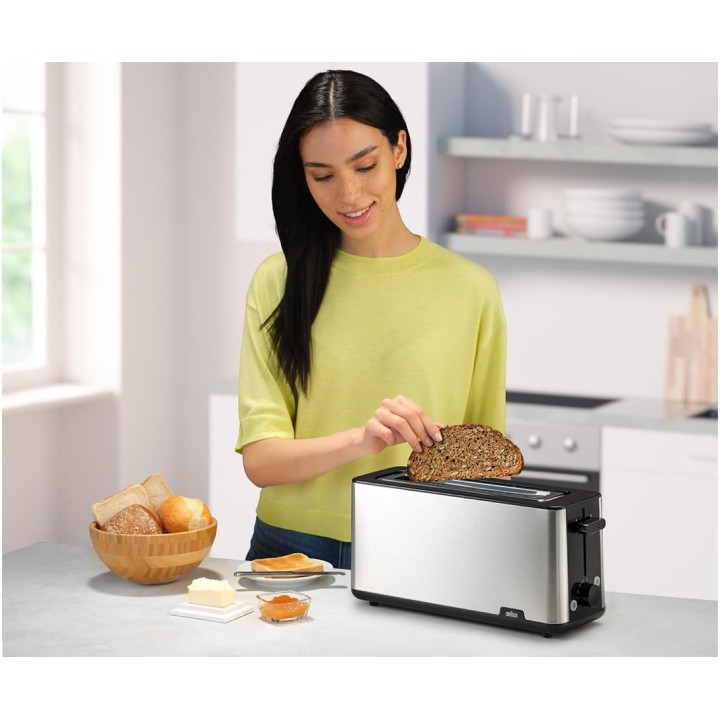 Grille-pain Braun HT 1610 BK - Fente longue 25 cm, 8 niveaux, réchauffage, inox