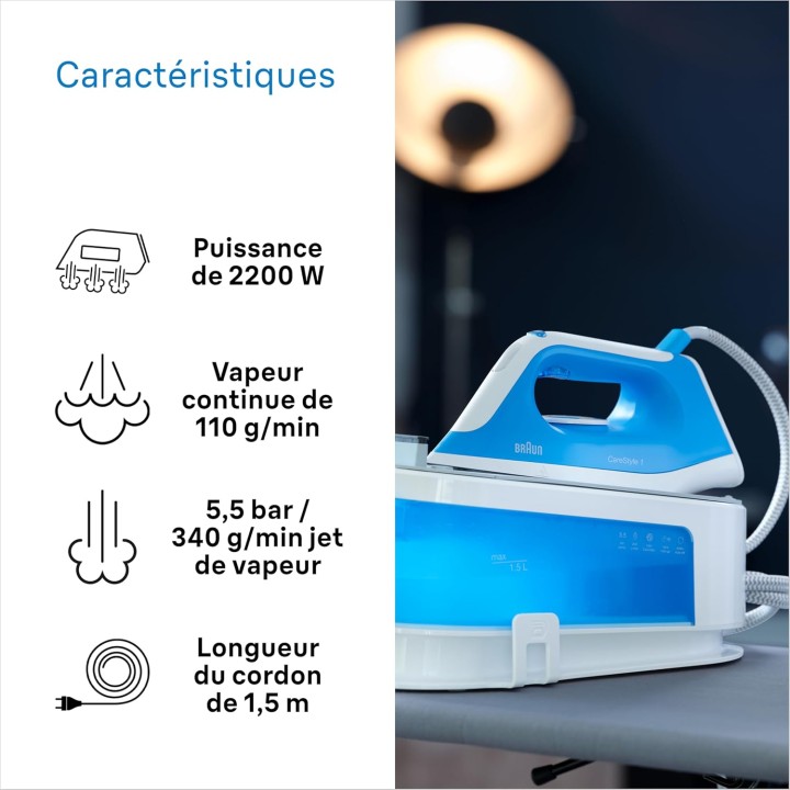 Centrale vapeur compacte Braun IS1012BL - Double Steam, semelle céramique, réservoir 1,5L
