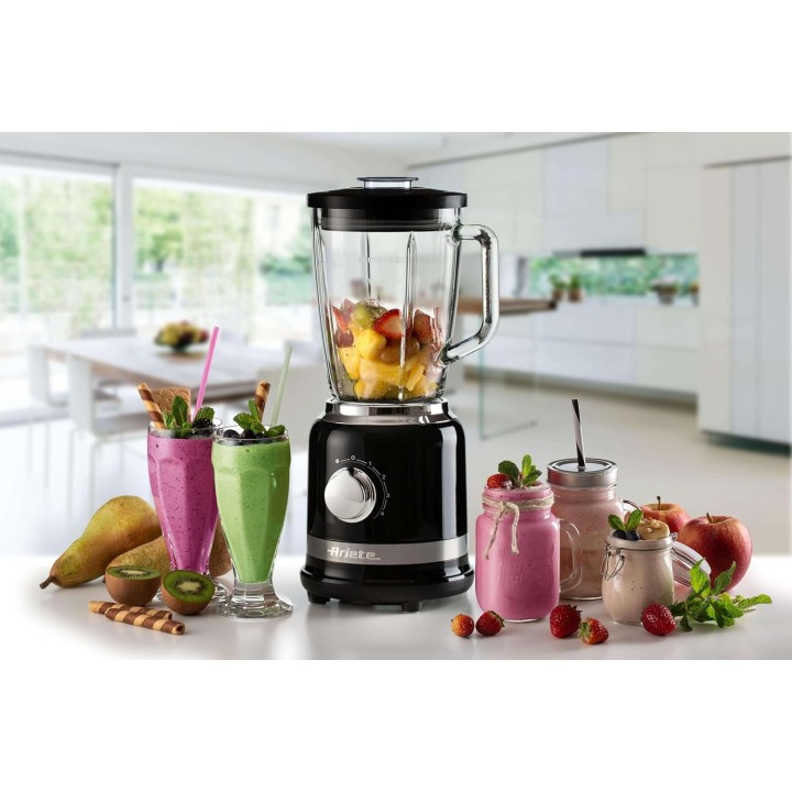 Blender Ariete Moderna noir – 1000 W, 1,5 L, bol verre, broyeur à glace, Pulse