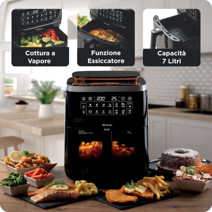 Friteuse à air multifonction 7L - Vapeur, grill, déshydratation - Ariete noir