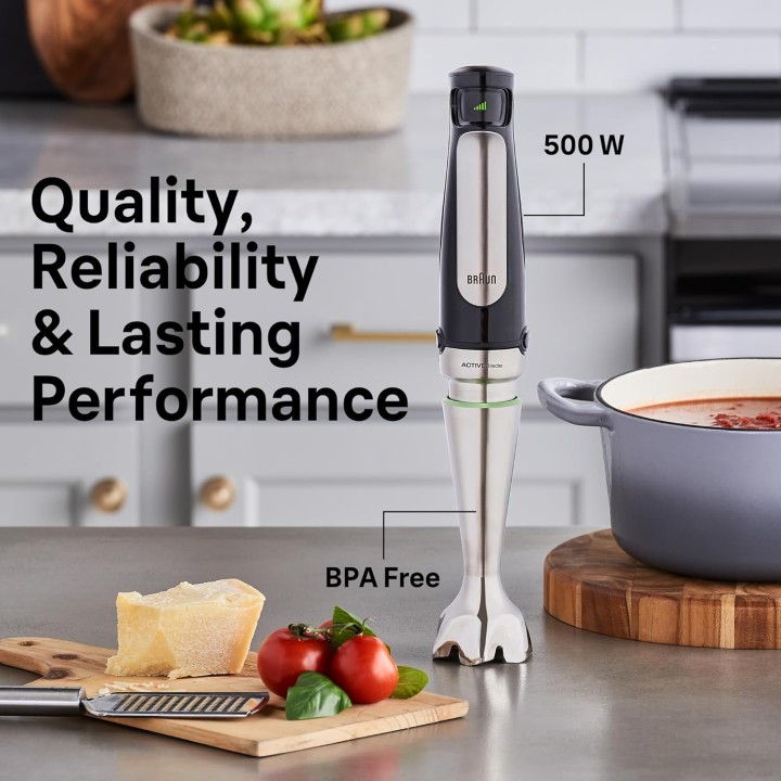 Mixeur plongeant 4-en-1 Braun 500W acier inoxydable avec robot, fouet et presse-purée