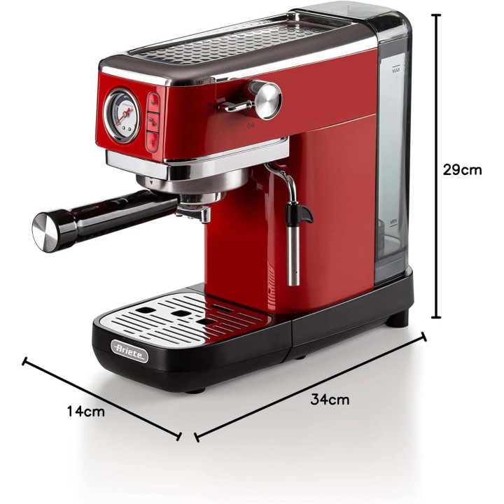 Machine à espresso compacte Ariete 1381 - Manomètre, cappuccino, café moulu/ESE-pads - Rouge