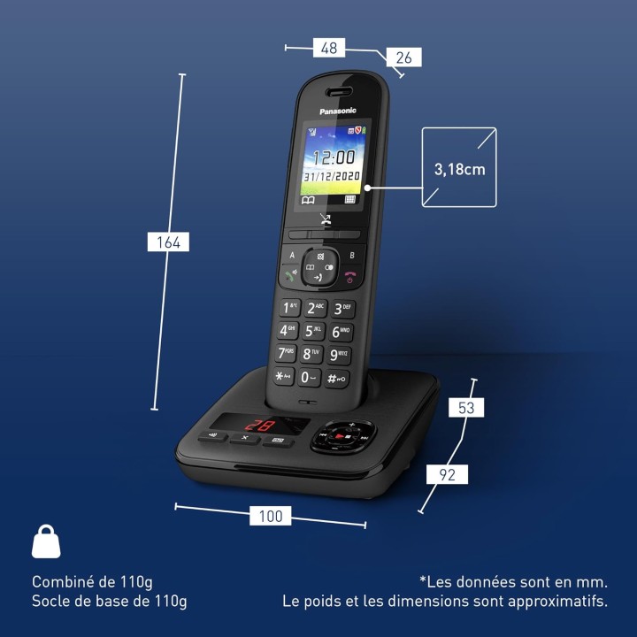 Téléphone sans fil Panasonic avec répondeur, écran couleur et blocage des appels - Noir