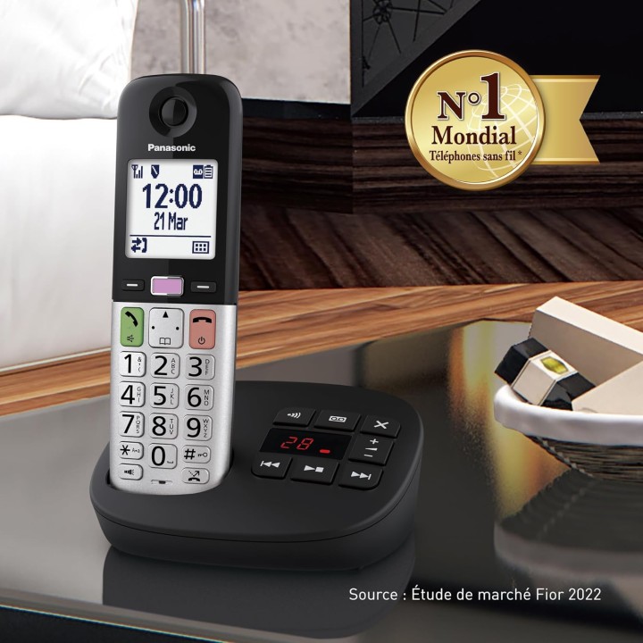 Téléphone sans fil Panasonic avec répondeur - 2 combinés, écran LCD, lampe torche, noir