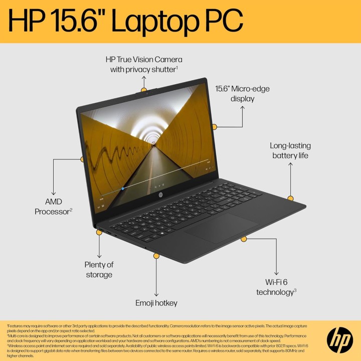 PC portable HP 15,6'' - Ryzen 7, 16Go RAM, 512Go SSD, Windows 11, autonomie 10h - Noir
