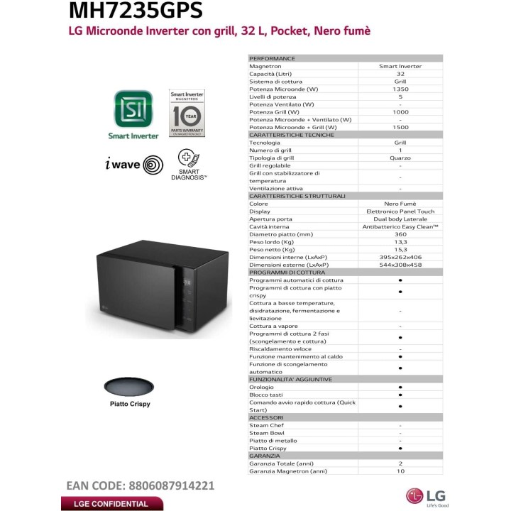 Four à micro-ondes avec grill LG Smart Inverter 32L - Plaque Crispy - Noir fumé